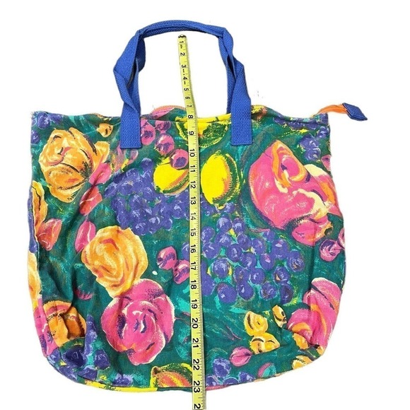 VINTAGE Floral Fruit Tote Bag Shopping Blue Pink Orange - Picture 3 of 6